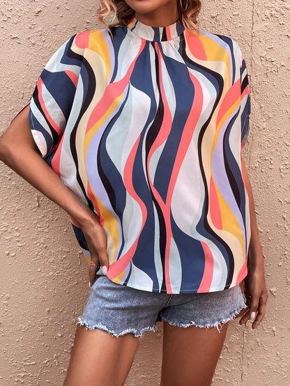 Casual Fashion Print Split Batwing Sleeve Top