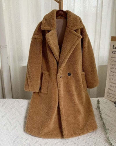 Long Faux Fur Coat with Lapels and Pockets - Winter Warm and Windproof