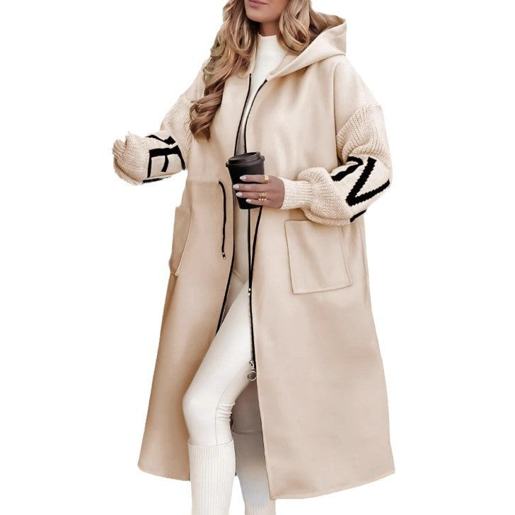 Women's Long Hooded Coat with Pockets and Knitted Sleeves - Fall/Winter