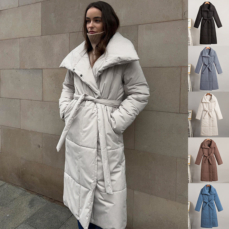 Long Coat with Wide Collar – Warm Winter, Belt and Pockets – Elegance &amp; Comfort