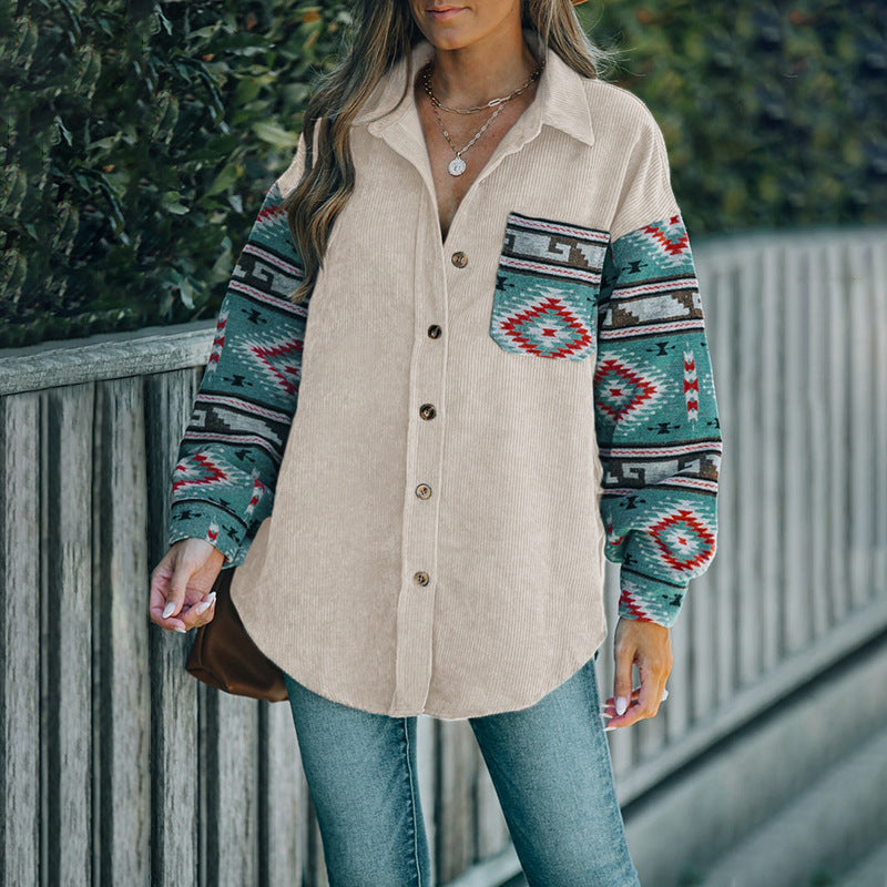 Multicolor Ethnic Lapel Coat Lazy Coat for Women