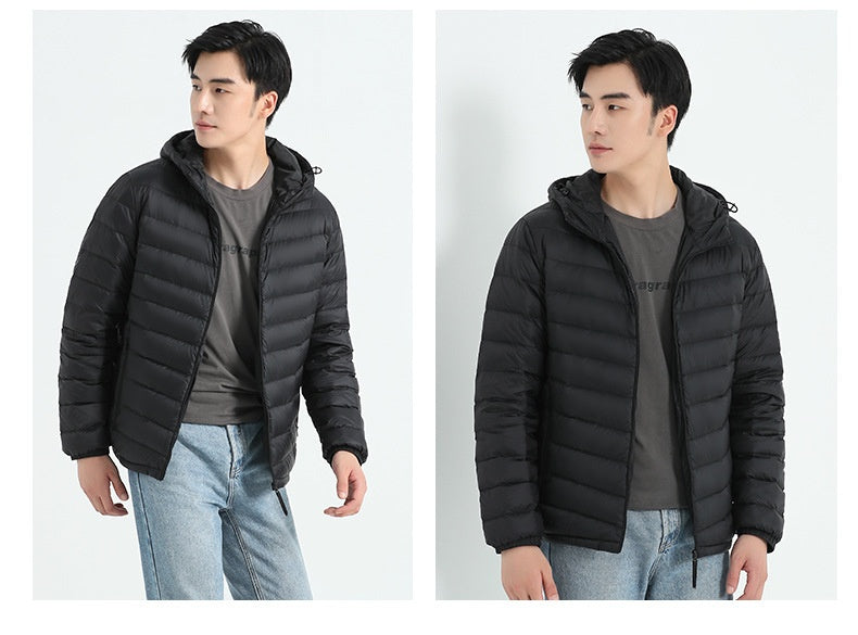 Dünne Daunenjacke mit Kapuze für Herren, weiße Entendaunen, Slim Fit, koreanische Mode