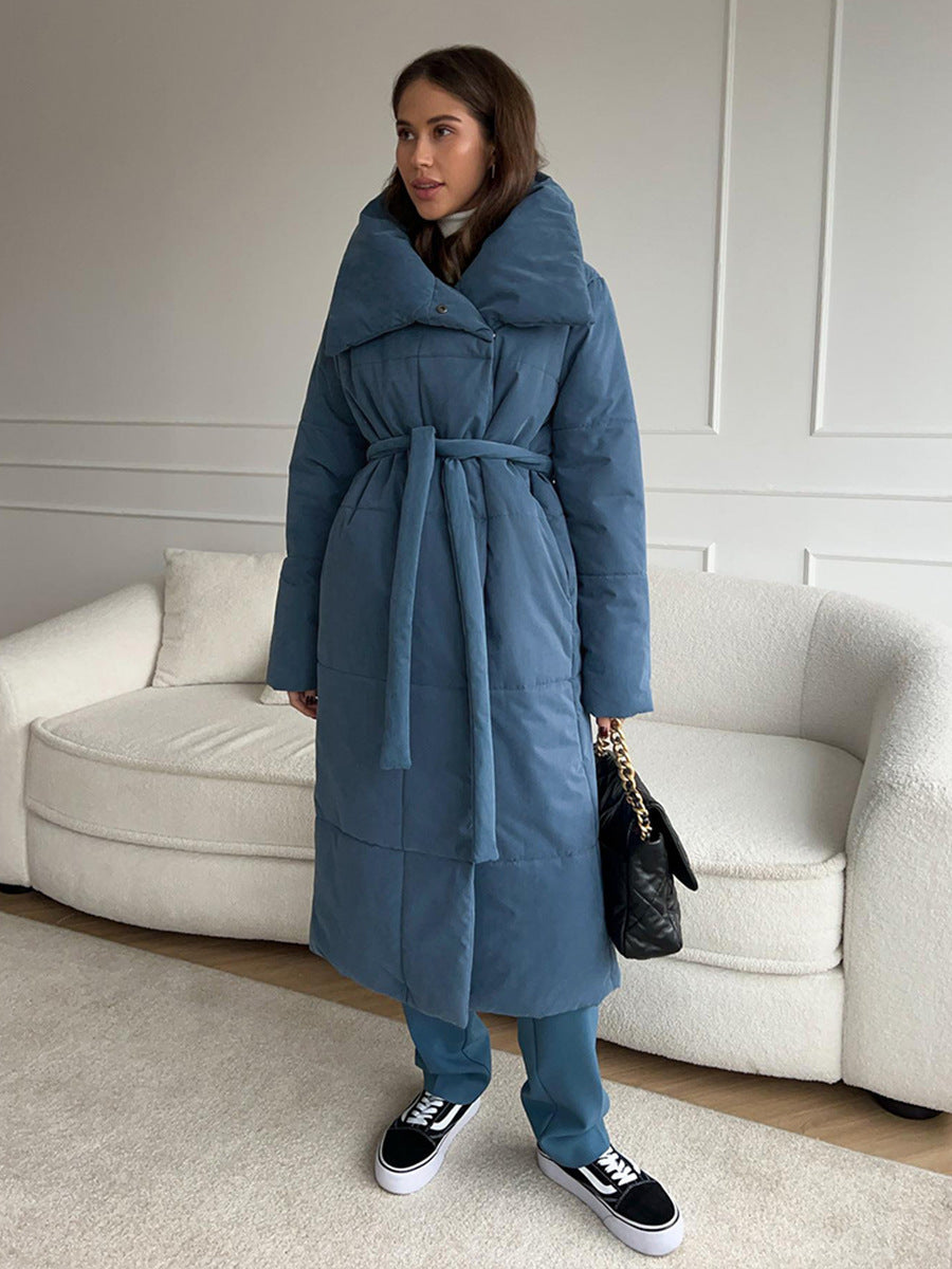 Long Coat with Wide Collar – Warm Winter, Belt and Pockets – Elegance &amp; Comfort