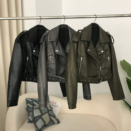 Women's Washed Two-tone Jacket - Spring/Autumn - European &amp; American Style - Leather Coat 