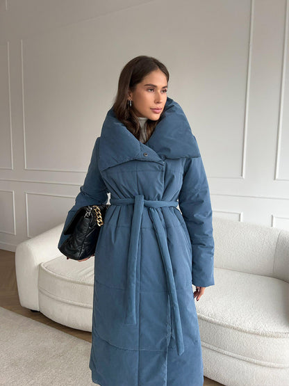 Long Coat with Wide Collar – Warm Winter, Belt and Pockets – Elegance &amp; Comfort