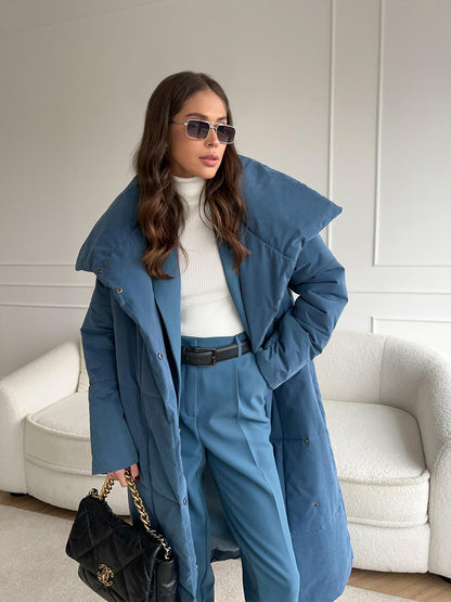 Long Coat with Wide Collar – Warm Winter, Belt and Pockets – Elegance &amp; Comfort