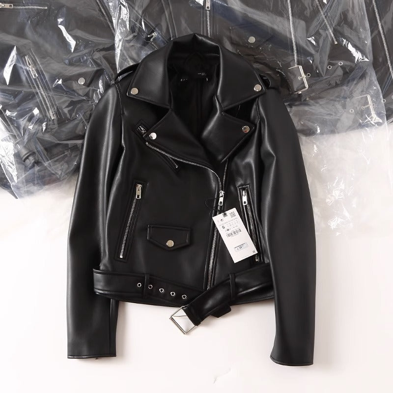 Women's Black PU Leather Zip Up Jacket