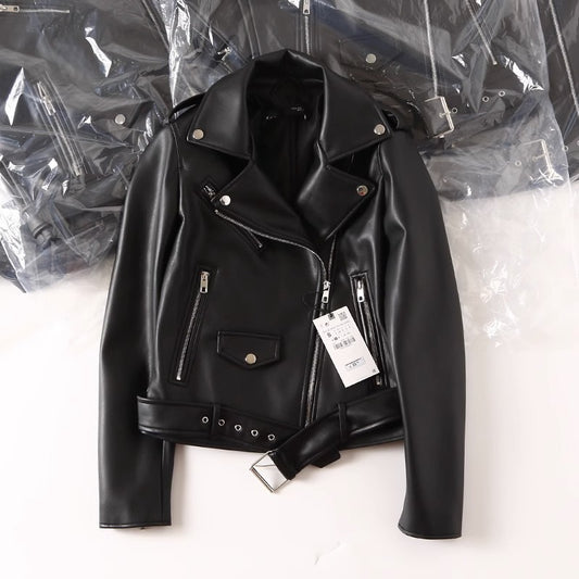 Women's Black PU Leather Zip Up Jacket