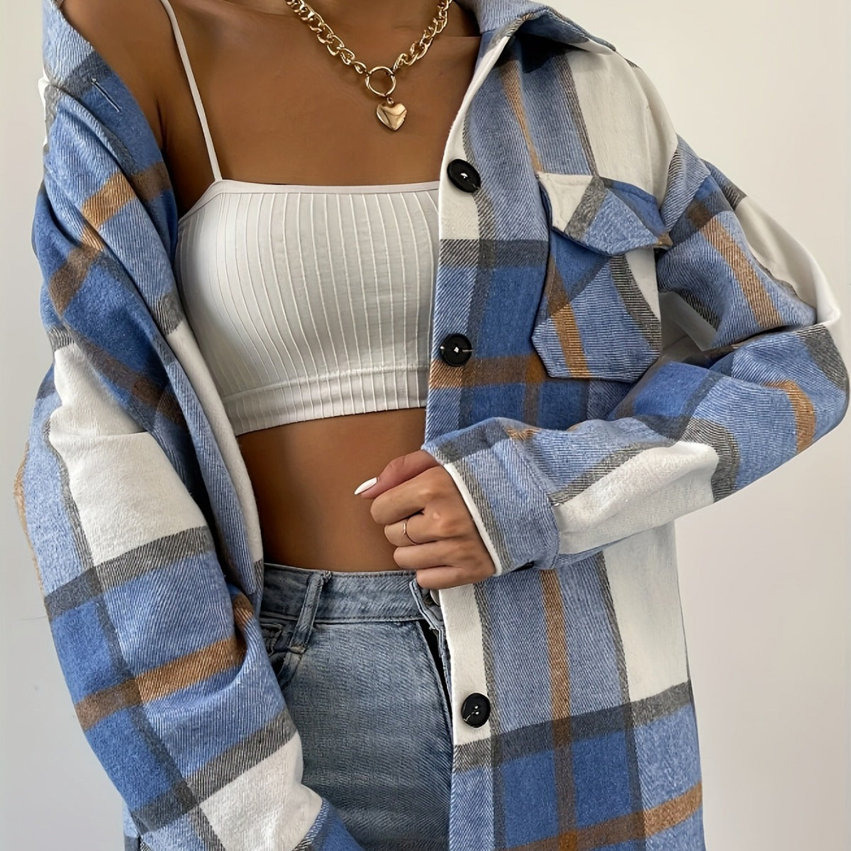 Wool Jacket Long Sleeve Plaid Coat Loose