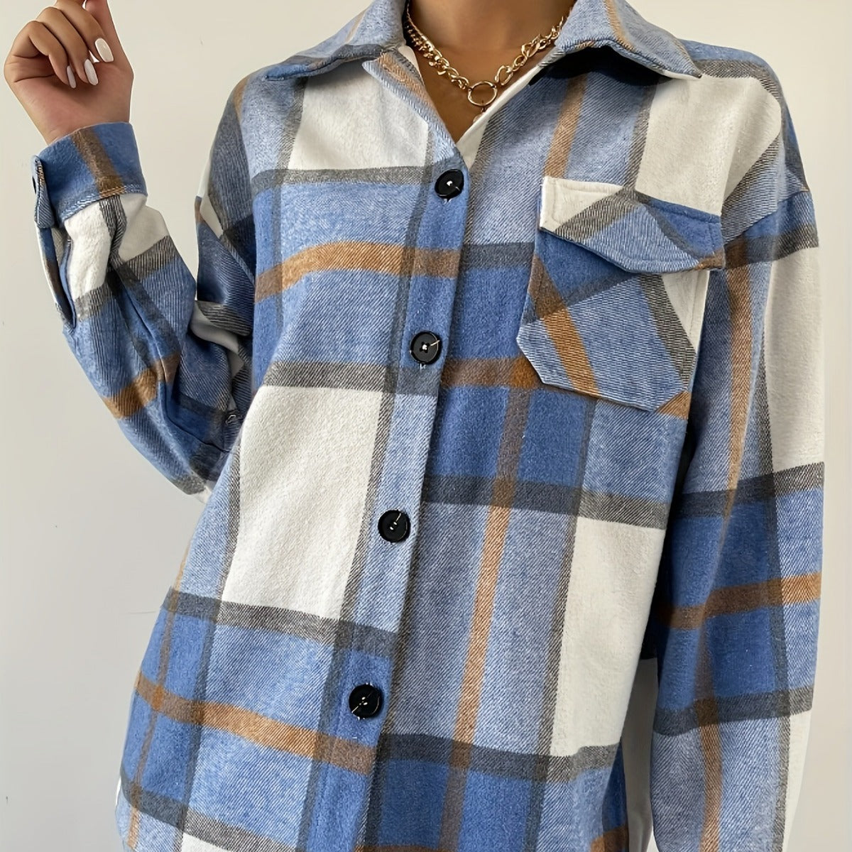 Wool Jacket Long Sleeve Plaid Coat Loose