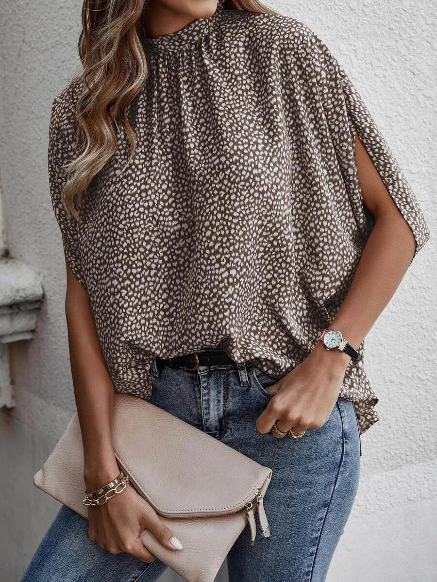 Casual Fashion Print Split Batwing Sleeve Top