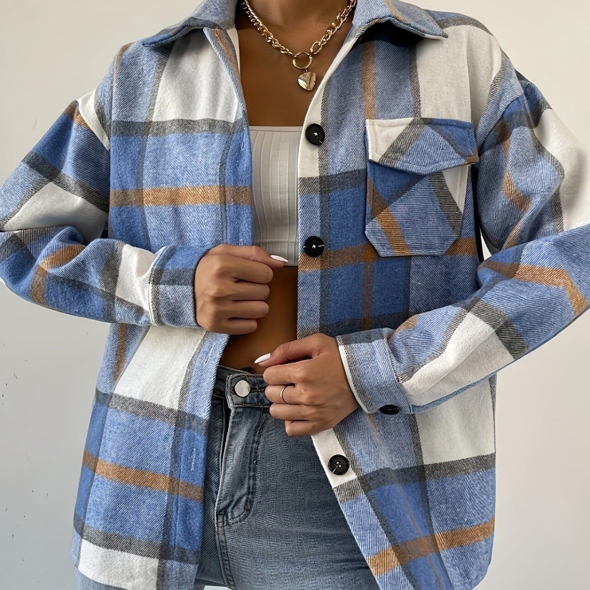 Wool Jacket Long Sleeve Plaid Coat Loose