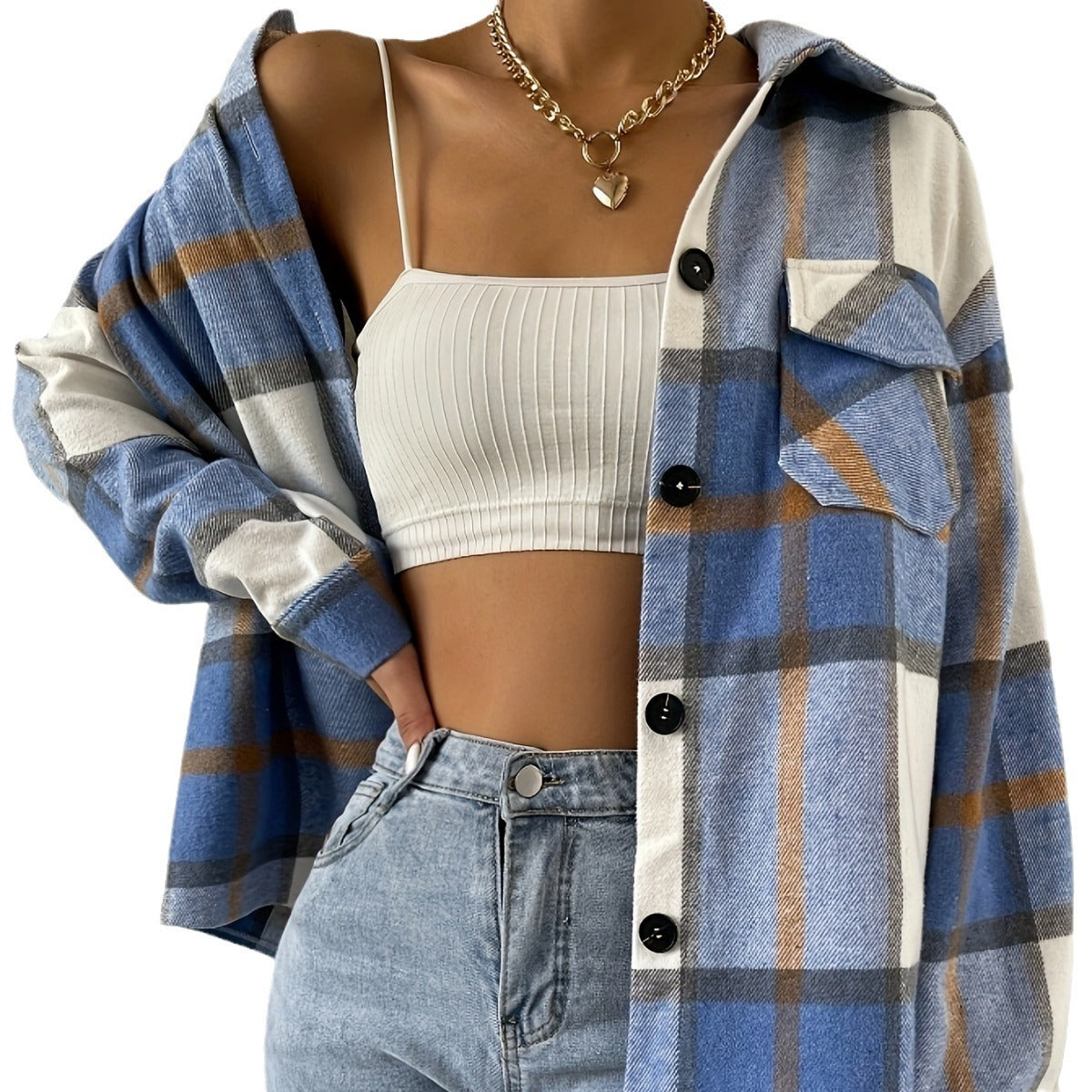 Wool Jacket Long Sleeve Plaid Coat Loose