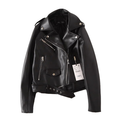 Women's Black PU Leather Zip Up Jacket