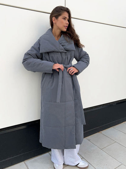 Long Coat with Wide Collar – Warm Winter, Belt and Pockets – Elegance &amp; Comfort