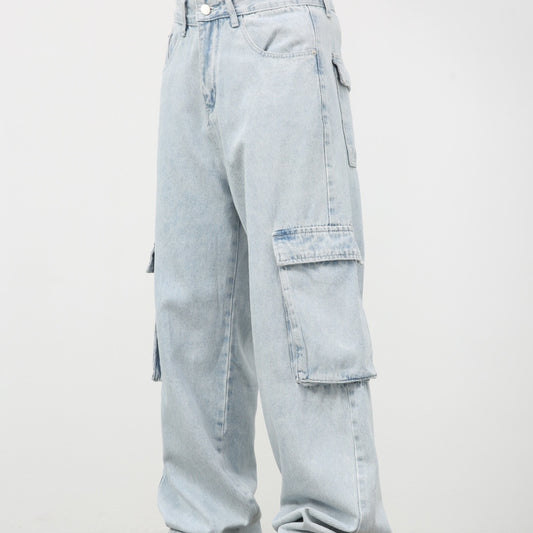 Retro Washed Light Blue Cargo Jeans - Masculine Style and Trend