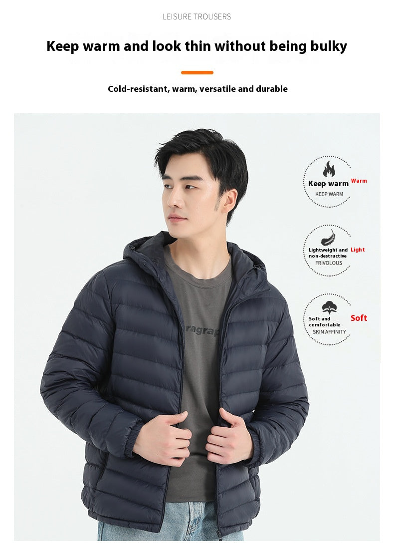 Dünne Daunenjacke mit Kapuze für Herren, weiße Entendaunen, Slim Fit, koreanische Mode