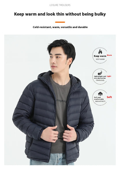 Men's Thin Hooded Down Jacket White Duck Down Slim Fit Korean Fashion