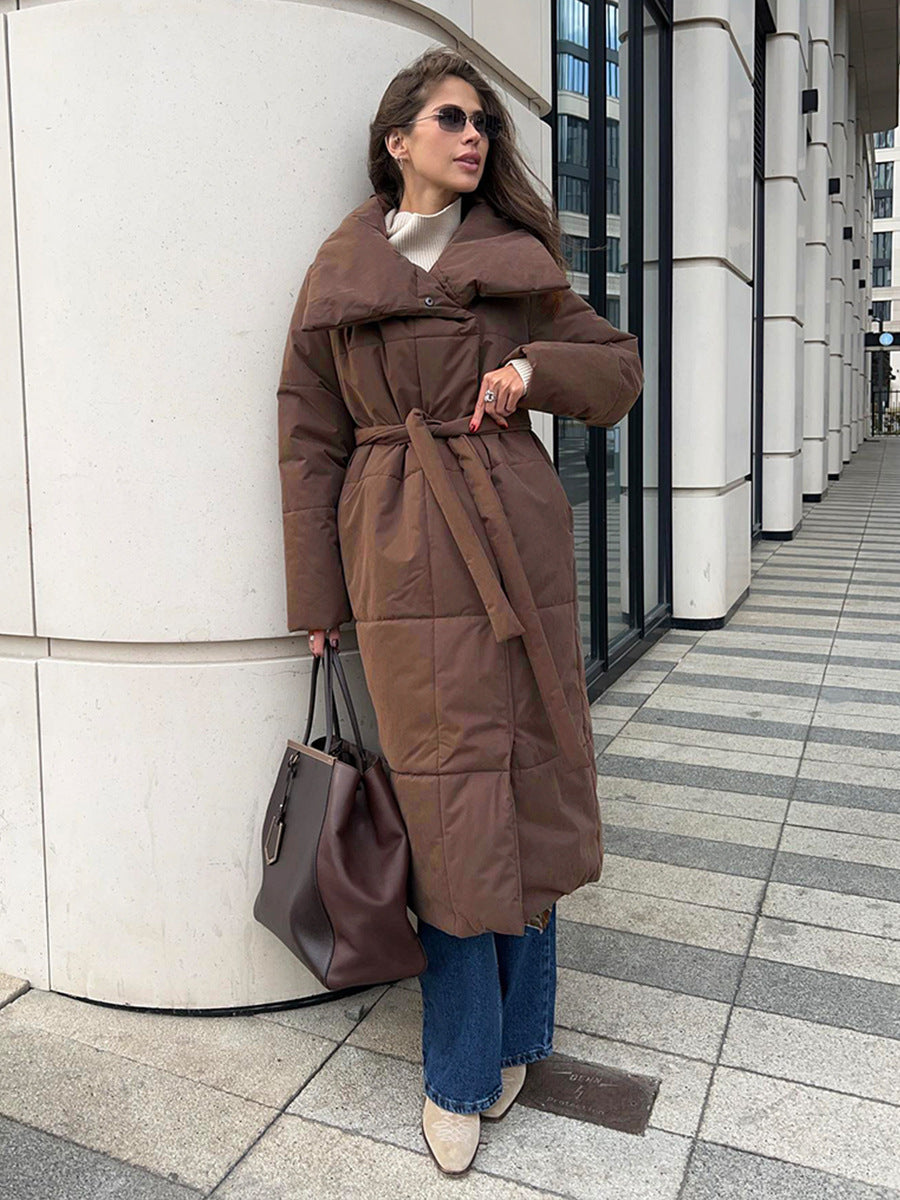 Long Coat with Wide Collar – Warm Winter, Belt and Pockets – Elegance &amp; Comfort