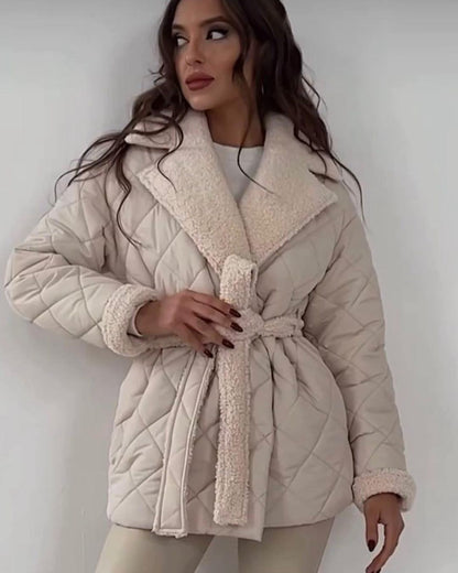 Women's Winter Plaid Lapel Coat Fashion Outerwear with Tied Belt