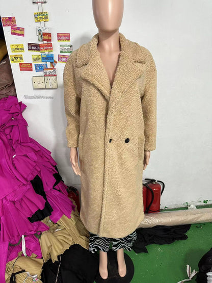 Long Faux Fur Coat with Lapels and Pockets - Winter Warm and Windproof