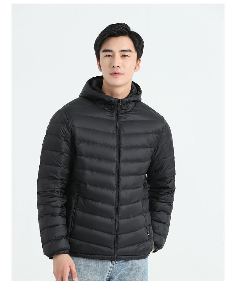 Dünne Daunenjacke mit Kapuze für Herren, weiße Entendaunen, Slim Fit, koreanische Mode